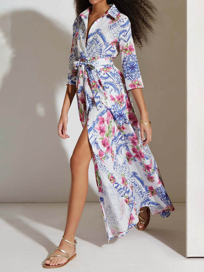 Printed Belt Maxi Shirt Dress