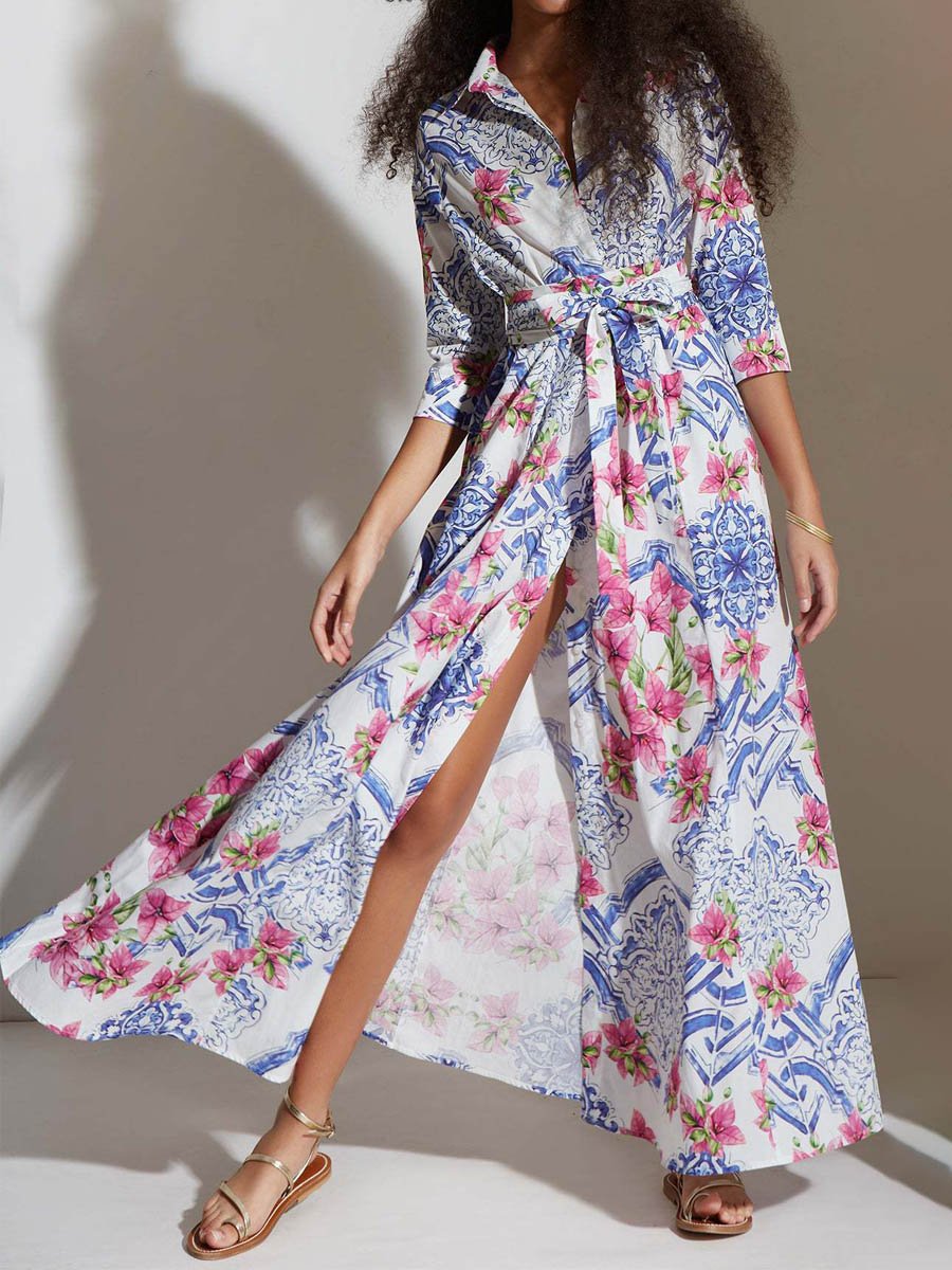 Printed Belt Maxi Shirt Dress