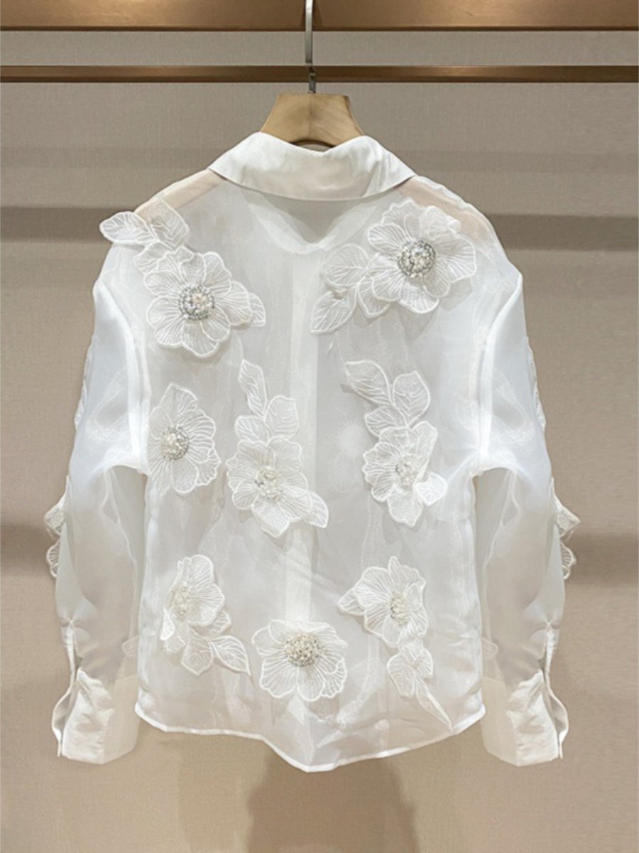 Beaded 3D Flower See-through Shirt