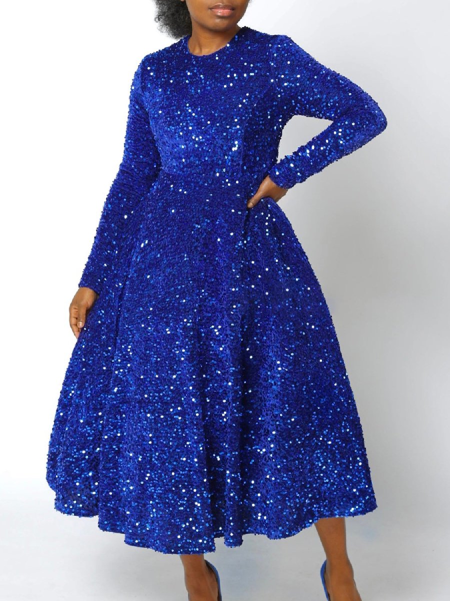 Round Neck Long Sleeve Solid Color Sequined Dress