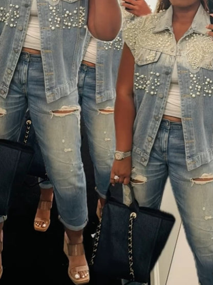 Oversized Pearls Denim Vest Jacket