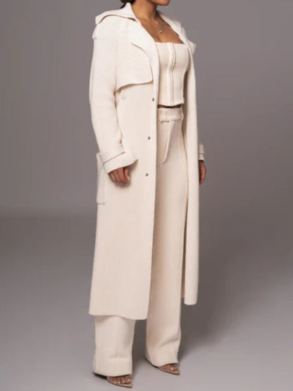 Chic Ivory Knit Cardigan Trench Coat