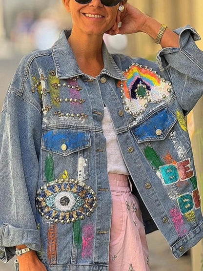 Sequin Embroidered Studded Denim Jacket