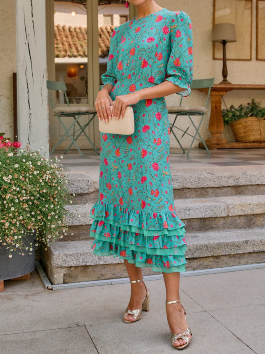 Floral Print In Turquoise Midi Dress