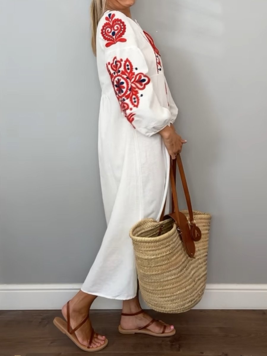 Embroidered Lace-up Lantern Sleeve Dress