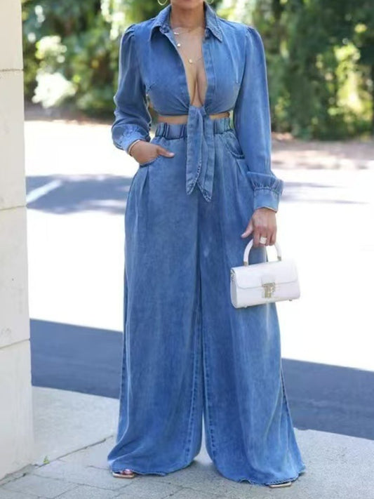 Casual Tie Wide Leg Denim 2pc Set