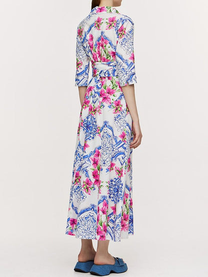 Printed Belt Maxi Shirt Dress