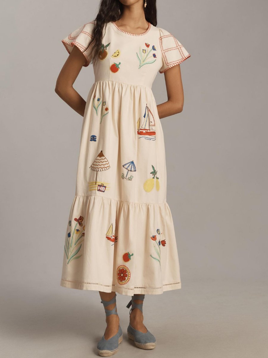 Round Neck Printed Horn Sleeve Dress