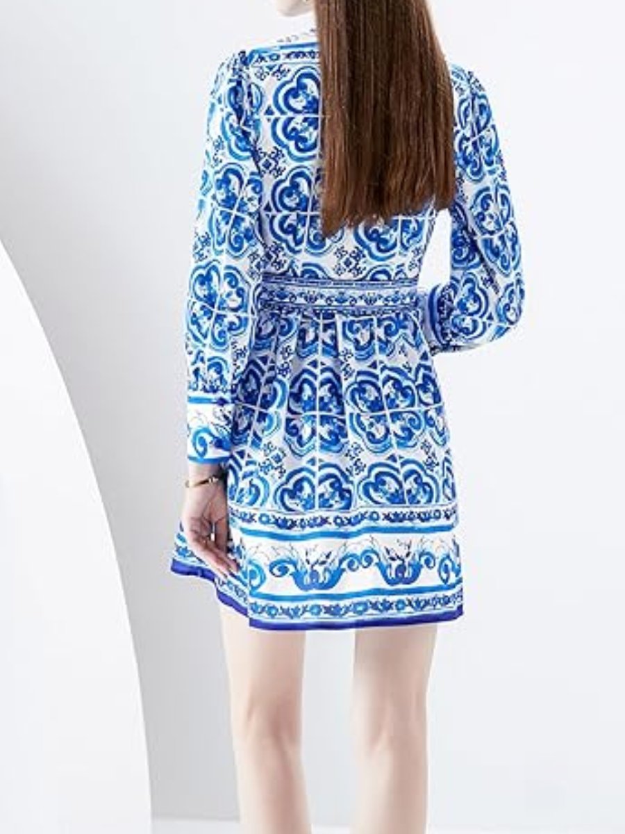 Floral Print Button Up Lantern Sleeve Dress In Blue