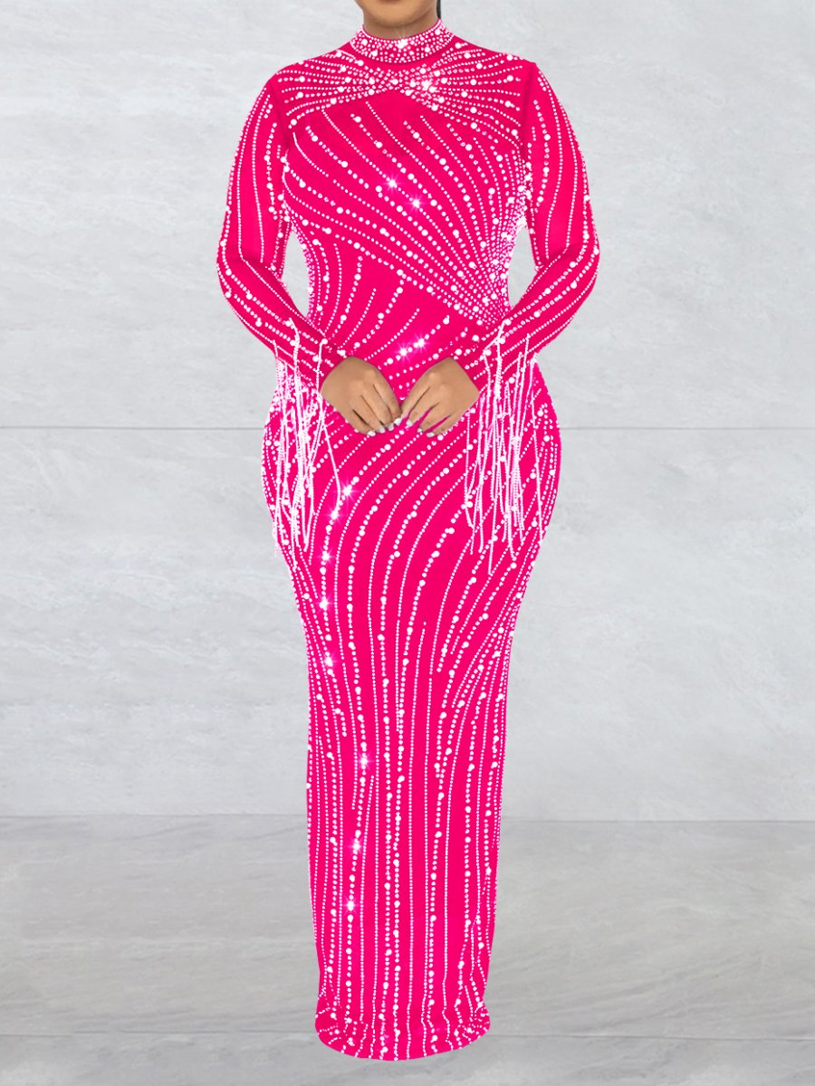 Demure Dazzle Rhinestone Maxi Dress