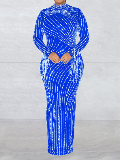 Demure Dazzle Rhinestone Maxi Dress