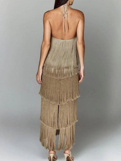 Sleeveless Halter Backless Tiered Fringed Mini Dresses