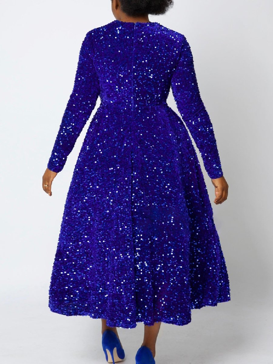 Round Neck Long Sleeve Solid Color Sequined Dress