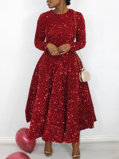 Round Neck Long Sleeve Solid Color Sequined Dress