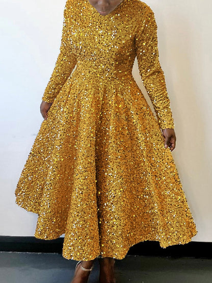 Round Neck Long Sleeve Solid Color Sequined Dress