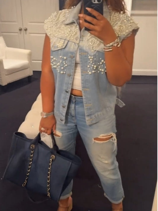 Oversized Pearls Denim Vest Jacket