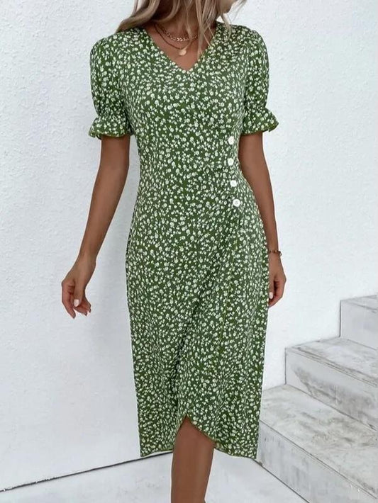 Short Sleeve Green Floral Print Button Front Midi Dress