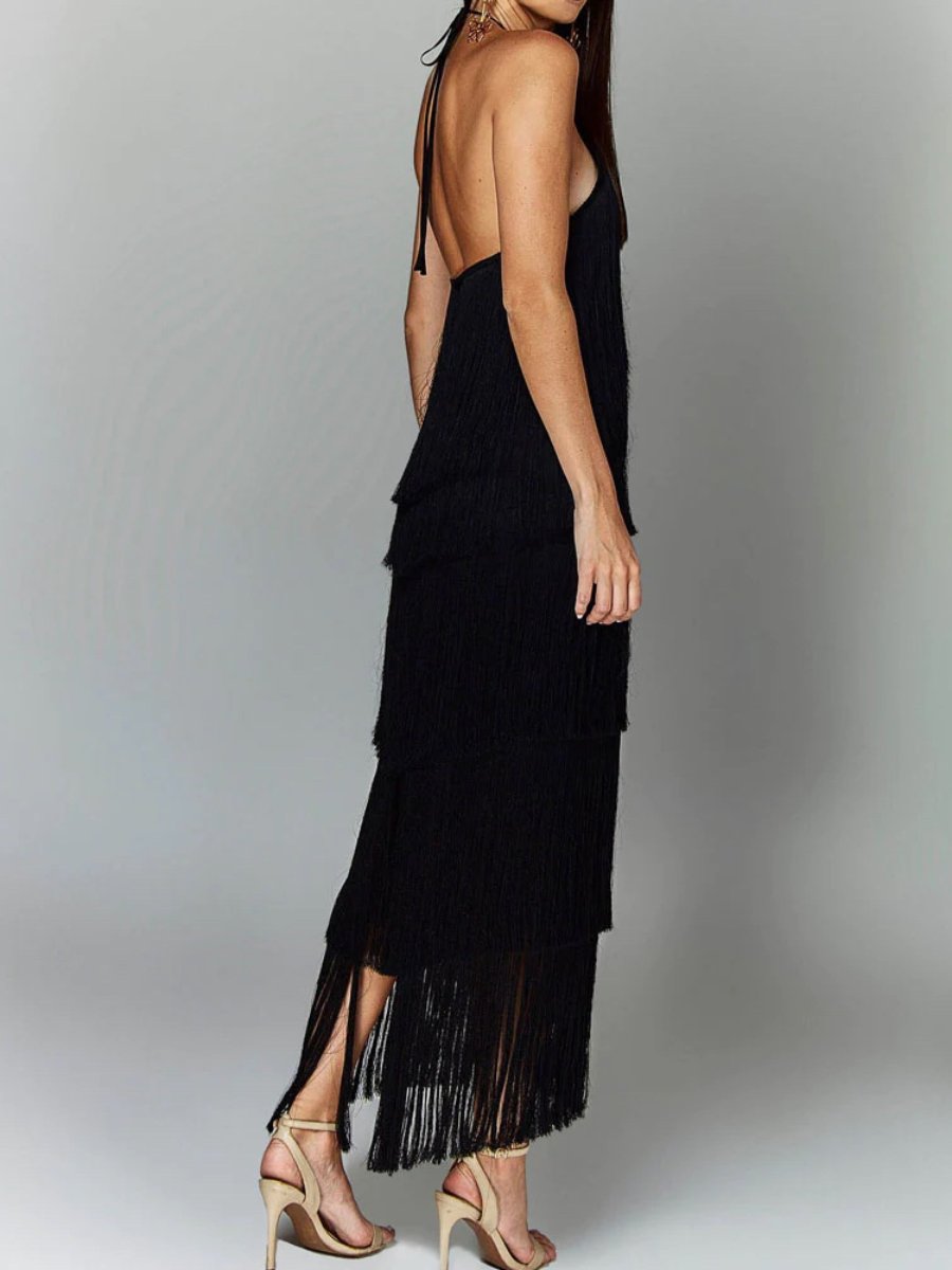 Sleeveless Halter Backless Tiered Fringed Mini Dresses